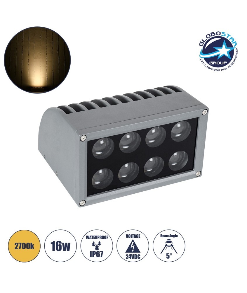 GloboStar® FLOOD-DENA 90485 Επιτοίχιος Προβολέας Wall Washer για Φωτισμό Κτιρίων - Απλίκα & Δαπέδου LED 16W 1440lm 5° DC 24V Αδιάβροχο IP67 Μ15.5 x Π13 x Υ9.1cm Θερμό Λευκό 2700K - Γκρι Ανθρακί - 3 Years Warranty